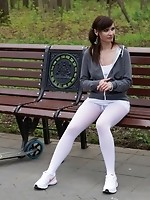 Jeny Smith in white pantyhose flashing her ass and pussy outdoors